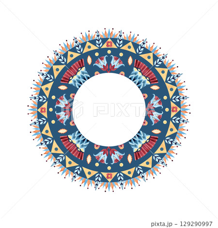 Arabesque round oriental ornament with template inside. Tribal pattern circle, frame. Geometric figures, sacred lotus. Colorful watercolor isolated illustration. Egyptian, Turkish, Indian, Arabic 129290997