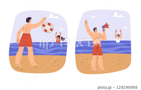 A Lifeguard is Actively Saving a Swimmer in Distress at the Beautiful Beach Today A Lifeguard is Actively Saving a Swimmer in Distress at the Beautiful Beach Today 129290998