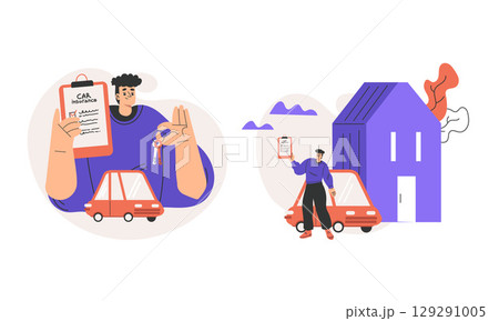 Illustrations of modern home and car management, highlighting advanced technologies and features 129291005