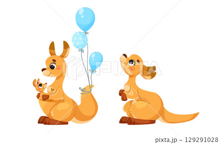 A cute cartoon kangaroo with colorful balloons and its baby, joyfully celebrating life A cute cartoon kangaroo with colorful balloons and its baby, joyfully celebrating life 129291028