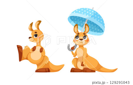 Charming and Cute Kangaroo Holding an Umbrella A Joyful and Playful Animal Illustration 129291043