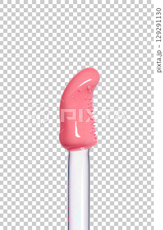 Close-up of lip gloss applicator with pink shimmer, glossy makeup product isolated on transparent background Close-up of lip gloss applicator with pink shimmer, glossy makeup product isolated on transparent background 129291130