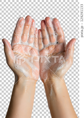 Close-up of soapy hands being washed, healthcare hygiene ritual to stop virus spread isolated 129291133