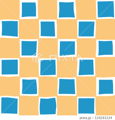 Simple geometric seamless pattern with blue squares on sandy yellow background. Concept of modern decor, minimal design and playful abstract composition Simple geometric seamless pattern with blue squares on sandy yellow background. Concept of modern decor, minimal design and playful abstract composition 129291224