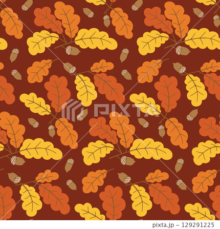 Seamless vector pattern with oak leaves and acorns in warm autumn colors on red background. Concept of seasonal nature, fall harvest and woodland design Seamless vector pattern with oak leaves and acorns in warm autumn colors on red background. Concept of seasonal nature, fall harvest and woodland design 129291225