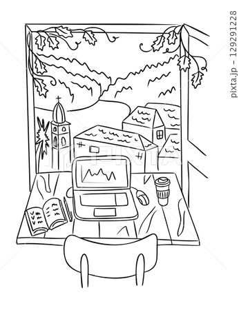 Workspace with laptop and notebook facing scenic window view of mountains and village. Concept of remote work, digital nomad lifestyle and peaceful productivity Workspace with laptop and notebook facing scenic window view of mountains and village. Concept of remote work, digital nomad lifestyle and peaceful productivity 129291228