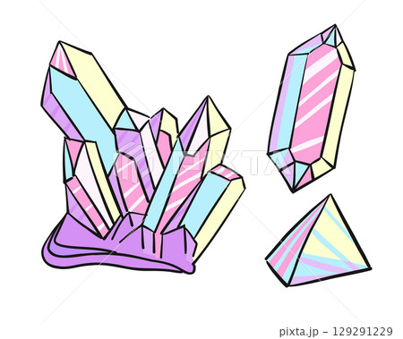 Colorful prismatic crystals with pastel shades of pink, blue and yellow. Concept of energy, healing stones and magical mineral formations Colorful prismatic crystals with pastel shades of pink, blue and yellow. Concept of energy, healing stones and magical mineral formations 129291229