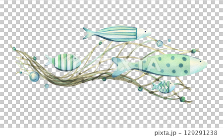 Group of fish swimming near marine net and bubbles in soft natural turquoise colors. Hand-painted watercolor illustration. Horizontal decorative composition for cards, invitations or website banners. 129291238