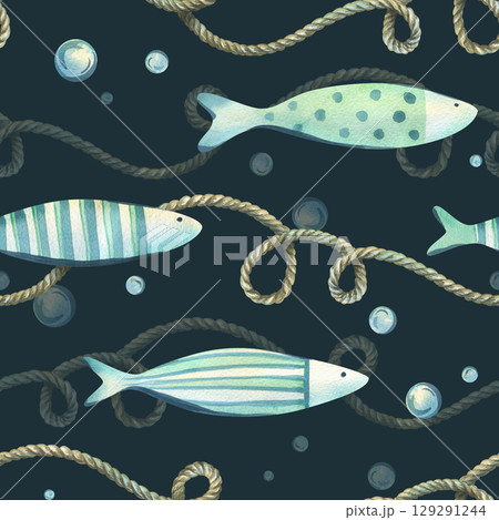 This seamless hand-painted watercolor illustration combines striped fish and curved ropes on a dark marine background, ideal for nautical textile patterns and aquatic themes. 129291244