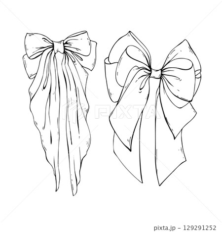 Set of large wide bows coquette with long tails textile from satin and silk ribbons. Illustration hand-drawn in black ink line art graphics. For women, girls, holidays, decoration, accessories, gifts. Set of large wide bows coquette with long tails textile from satin and silk ribbons. Illustration hand-drawn in black ink line art graphics. For women, girls, holidays, decoration, accessories, gifts. 129291252