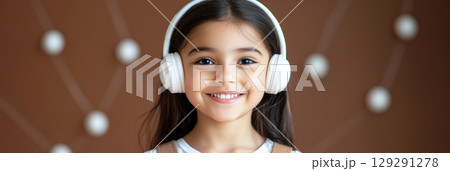 A smiling Latin girl with headphones, brown background, representing a love for music and online learning, perfect for tech or educational content, banner 129291278