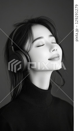 An image of a cheerful Asian girl wearing headphones, smiling warmly on a black and white background, capturing the concept of enjoying music or focused studying with a confident, youthful vibe 129291279