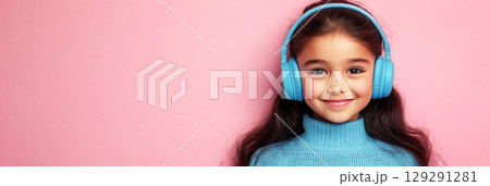 A close-up of a smiling girl in headphones, against a soft pink background, exuding happiness and excitement in a music enjoyment or educational context, banner 129291281