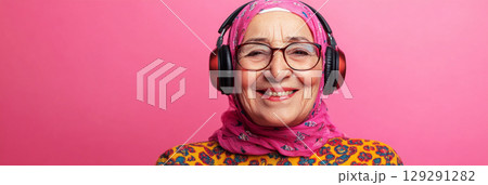 A relaxed, smiling Arab grandma with headphones stands in front of a soft pink background, embracing a chic and simple minimalist mock-up design, banner 129291282