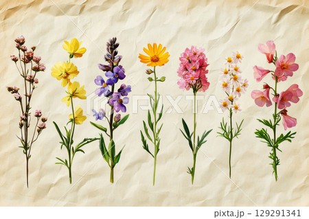 A botanical Herbarium illustration featuring Common Heather, Cowslip, Oxeye Daisy, Wild Thyme, Fireweed and Lupine, isolated on an old paper background with soft pastel muted colors, evoking a natural 129291341
