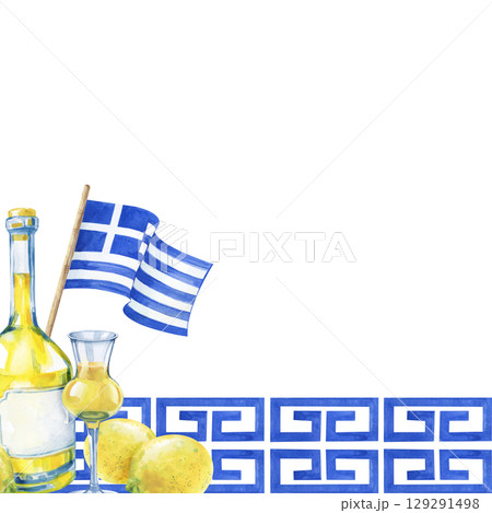 A watercolor frame with the national drink of Greece on the background of a blue ornament. The template with a bottle of Limoncello, a shot glass and yellow lemons is isolated on a white background A watercolor frame with the national drink of Greece on the background of a blue ornament. The template with a bottle of Limoncello, a shot glass and yellow lemons is isolated on a white background 129291498