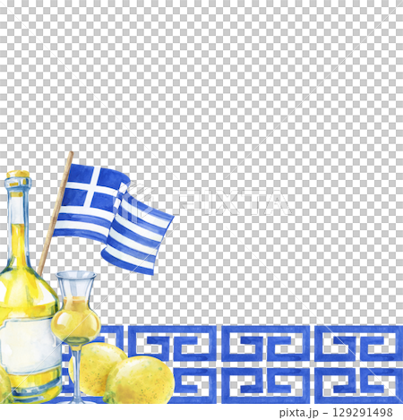 A watercolor frame with the national drink of Greece on the background of a blue ornament. The template with a bottle of Limoncello, a shot glass and yellow lemons is isolated on a white background A watercolor frame with the national drink of Greece on the background of a blue ornament. The template with a bottle of Limoncello, a shot glass and yellow lemons is isolated on a white background 129291498