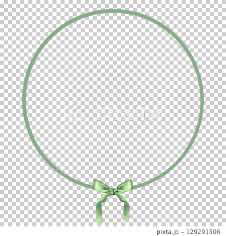 Minimalist watercolor round frame with a soft green ribbon bow at the bottom. Hand-painted elegant design ideal for invitations, greeting cards, labels, wedding stationery, holiday decor, branding 129291506