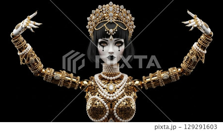 Mechanical Automaton Wearing a Decorative Carnival Mask 129291603