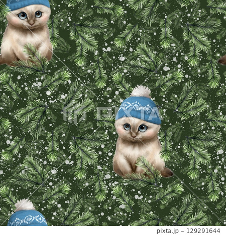 Adorable kittens wearing blue hats, nestled among snowy pine branches, seamless pattern 129291644