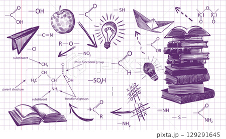 Welcome Back to school horizontal banner, doodle on checkered paper background, vector illustration. Drawing with a blue pen on a notebook sheet . Handmade, not AI Vector illustration 129291645