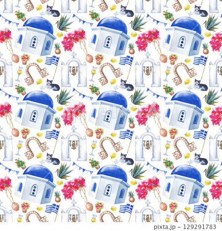 Watercolor seamless pattern with national elements of Greece on a white background. Bright and sunny seamless background for wallpaper, wrapping paper, packaging, postcards, scrapbooking, textiles 129291783