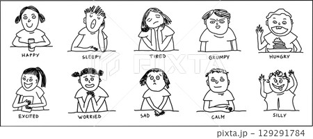 Daily Life Emotions. Hand-Drawn Kids Feelings Clipart Collection 129291784