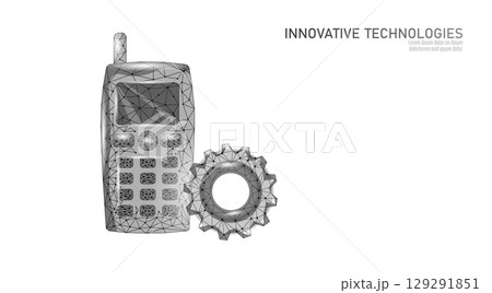 Old mobile phone next to gear. Outdated cell communication network technology concept art. Engineering development industry support. Wireframe lowpoly grayscale white background vector 129291851