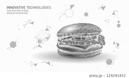 Burger polygonal lowpoly illustration. Wireframe sandwich food technology modern style. Restaurant diet nutrition fastfood delivery. White background vector illustration 129291852