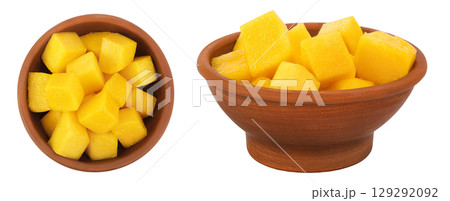mango diced in ceramic bowl isolated on white background. Top view. Flat lay 129292092