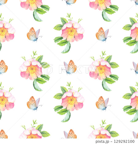 Seamless pattern of rosehip and butterfly. Handmade watercolor art work. For packaging design, cards, cover, prints, product labels and fabric. Seamless pattern of rosehip and butterfly. Handmade watercolor art work. For packaging design, cards, cover, prints, product labels and fabric. 129292100