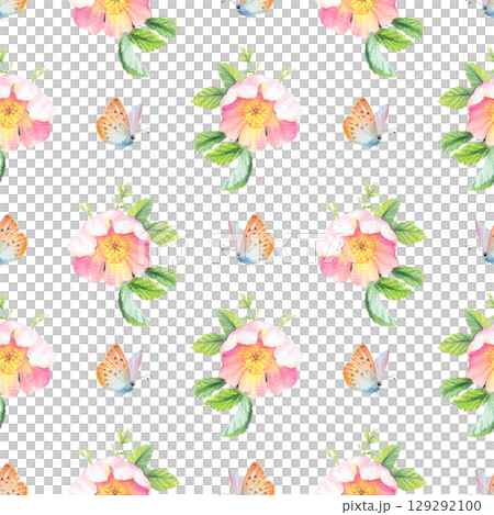 Seamless pattern of rosehip and butterfly. Handmade watercolor art work. For packaging design, cards, cover, prints, product labels and fabric. Seamless pattern of rosehip and butterfly. Handmade watercolor art work. For packaging design, cards, cover, prints, product labels and fabric. 129292100