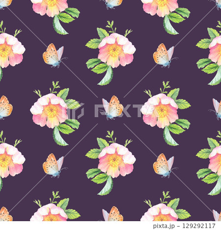 Seamless pattern of rosehip and butterfly. Handmade watercolor art work. For packaging design, cards, cover, prints, product labels and fabric. Seamless pattern of rosehip and butterfly. Handmade watercolor art work. For packaging design, cards, cover, prints, product labels and fabric. 129292117