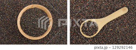 black quinoa in wooden bowl and spoon as a background. Top view. Flat lay 129292146