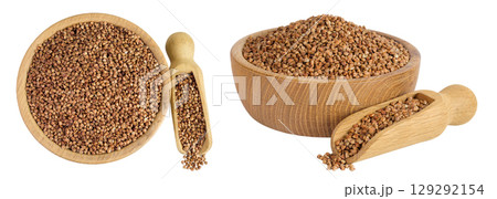 Raw buckwheat in wooden bowl isolated on white background. Top view. Flat lay Raw buckwheat in wooden bowl isolated on white background. Top view. Flat lay 129292154