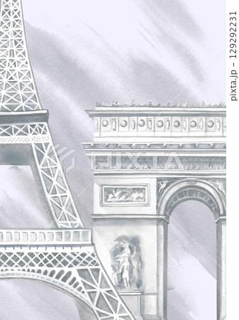 Watercolor background in gray tones with a picture of the Eiffel Tower and the Arc de Triomphe de Paris. Hand-drawn watercolor illustration. Landmarks of France. For postcards, invitations, posters. 129292231