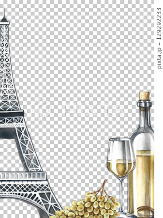 Vertical frame with a picture of white wine, a glass, a bunch of grapes, and the Eiffel Tower. Hand-drawn watercolor illustration. For invitations, menus, postcards, restaurant and bar decor, and more 129292233