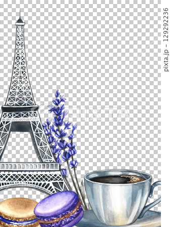Frame and image of a coffee cup, macaroon almond cookies, and the Eiffel Tower. Hand-drawn watercolor illustration. French cuisine. For packaging, labels, flyers, menus, and posters. 129292236