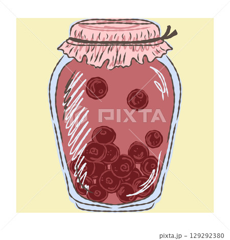Hand drawn jar with preserved fruits or vegetables. Autumn harvest concept in sketchy vector style. Perfect for seasonal food illustrations, recipes and cozy kitchen designs 129292380