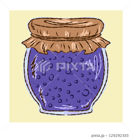 Hand drawn jar with preserved fruits or vegetables. Autumn harvest concept in sketchy vector style. Perfect for seasonal food illustrations, recipes and cozy kitchen designs 129292383