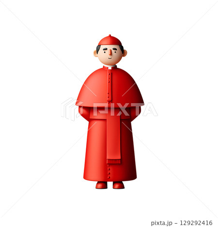 3d cartoon cardinal character in red robes, simplified cute church figure with friendly expression isolated 129292416