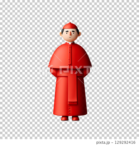 3d cartoon cardinal character in red robes, simplified cute church figure with friendly expression isolated 129292416