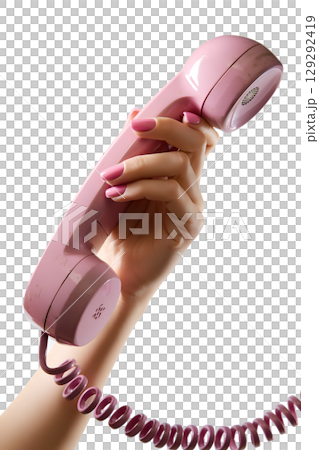 Woman's manicured hand holding pastel pink phone receiver, feminine vintage telecom concept isolated Woman's manicured hand holding pastel pink phone receiver, feminine vintage telecom concept isolated 129292419