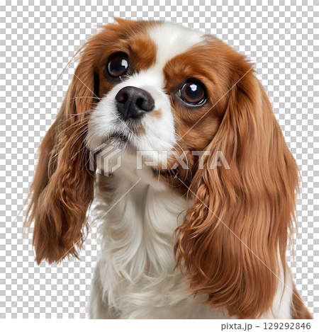Adorable cavalier king charles spaniel with big brown eyes and sweet expression, portrait isolated on transparent background 129292846