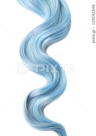 Light blue curly hair strand isolated, pastel hair extension or dye reference, whimsical texture 129292849