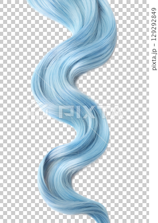 Light blue curly hair strand isolated, pastel hair extension or dye reference, whimsical texture 129292849
