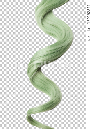 Wavy emerald green hair strand, hair color swatch isolated on transparent background 129292851