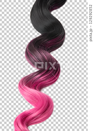 Ombre hair strand fading from black to pink, wavy balayage sample isolated, vivid color transition 129292852