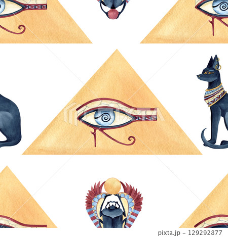 Egyptian abstract pyramid, eye of god Horus, Scarab beetle, Bastet seamless pattern. Oriental religion icon, symbols. Watercolor illustration isolated from background for packaging, textile, souvenir 129292877