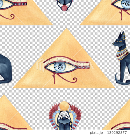 Egyptian abstract pyramid, eye of god Horus, Scarab beetle, Bastet seamless pattern. Oriental religion icon, symbols. Watercolor illustration isolated from background for packaging, textile, souvenir 129292877